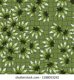 Seamless camouflage pattern made from hemp leaves on a checkered background.