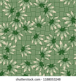 Seamless camouflage pattern made from hemp leaves on a checkered background.