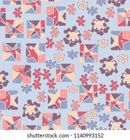 Seamless camouflage pattern made up of skulls, broken stars squares.