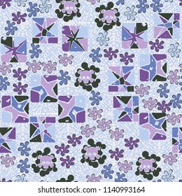 Seamless camouflage pattern made up of skulls, broken stars squares. The background of the picture is a texture consisting of squares drawn by spray.