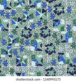 Seamless camouflage pattern made up of skulls, broken stars squares. The background of the picture is a texture consisting of squares drawn by spray.