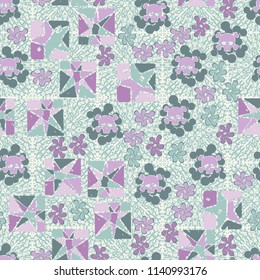 Seamless camouflage pattern made up of skulls, broken stars squares. The background of the picture is a texture consisting of squares drawn by spray.