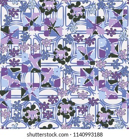 Seamless camouflage pattern made up of skulls, broken stars squares. The background of the picture is a texture consisting of semicircular bubbles and four-beam stars.