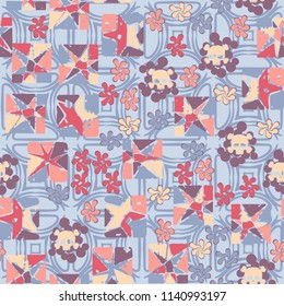 Seamless camouflage pattern made up of skulls, broken stars squares. The background of the picture is a texture consisting of semicircular bubbles and four-beam stars.