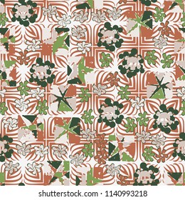 Seamless camouflage pattern made up of skulls, broken stars squares. The background of the picture is a texture consisting of symbolic four-petalled flowers.