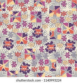 Seamless camouflage pattern made up of skulls, broken stars squares. The background of the picture is a texture consisting of symbolic four-petalled flowers.