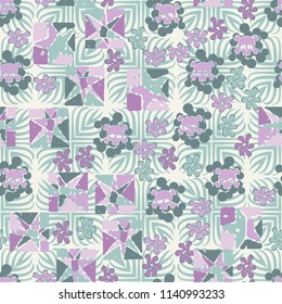 Seamless camouflage pattern made up of skulls, broken stars squares. The background of the picture is a texture consisting of symbolic four-petalled flowers.