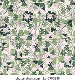 Seamless camouflage pattern made up of skulls, broken stars squares. The background of the picture is a texture consisting of symbolic four-petalled flowers.