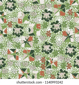 Seamless camouflage pattern made up of skulls, broken stars squares. The background of the picture is a texture consisting of contour seven-pointed stars.