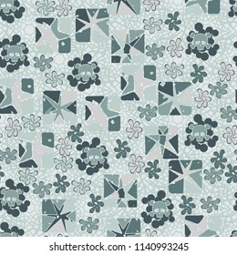 Seamless camouflage pattern made up of skulls, broken stars squares. The background of the picture is a texture consisting of contour seven-pointed stars.