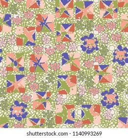 Seamless camouflage pattern made up of skulls, broken stars squares. The background of the picture is a texture consisting of contour seven-pointed stars.