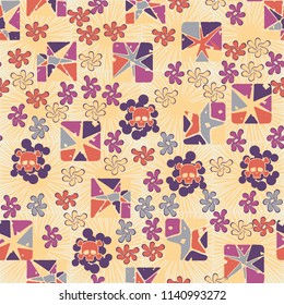Seamless camouflage pattern made up of skulls, broken stars squares. The background of the picture is a texture consisting of square suns.