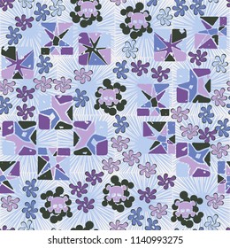 Seamless camouflage pattern made up of skulls, broken stars squares. The background of the picture is a texture consisting of square suns.