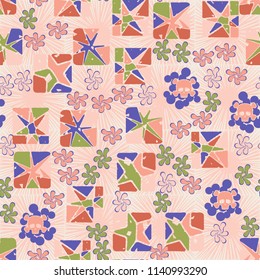 Seamless camouflage pattern made up of skulls, broken stars squares. The background of the picture is a texture consisting of square suns.