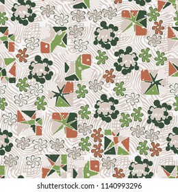 Seamless camouflage pattern made up of skulls, broken stars squares. The background of the picture is a texture consisting of curved lines that are regularly distributed.