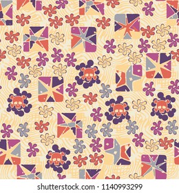 Seamless camouflage pattern made up of skulls, broken stars squares. The background of the picture is a texture consisting of curved lines that are regularly distributed.