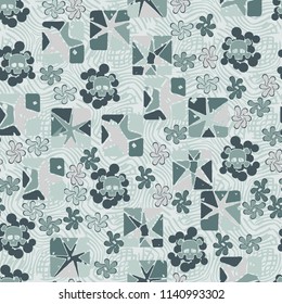 Seamless camouflage pattern made up of skulls, broken stars squares. The background of the picture is a texture consisting of curved lines that are regularly distributed.
