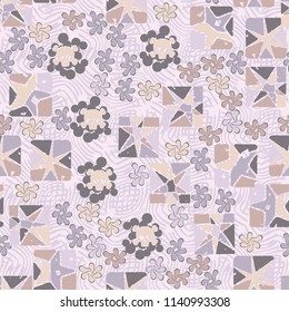 Seamless camouflage pattern made up of skulls, broken stars squares. The background of the picture is a texture consisting of curved lines that are regularly distributed.