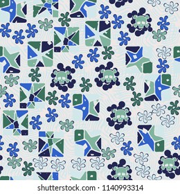 Seamless camouflage pattern made up of skulls, broken stars squares. The background of the picture is a texture consisting of curved lines that are regularly distributed.