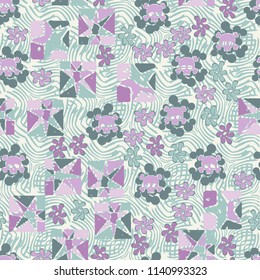 Seamless camouflage pattern made up of skulls, broken stars squares. The background of the picture is a texture consisting of curved lines that are regularly distributed.