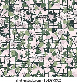 Seamless camouflage pattern made up of skulls, broken stars squares. The background of the picture is a texture consisting of squares divided into unequal parts.