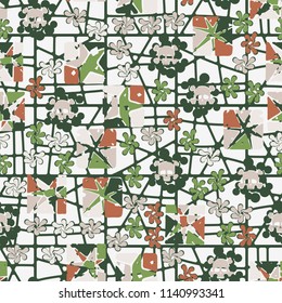 Seamless camouflage pattern made up of skulls, broken stars squares. The background of the picture is a texture consisting of squares divided into unequal parts.
