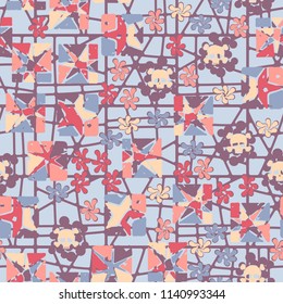 Seamless camouflage pattern made up of skulls, broken stars squares. The background of the picture is a texture consisting of squares divided into unequal parts.
