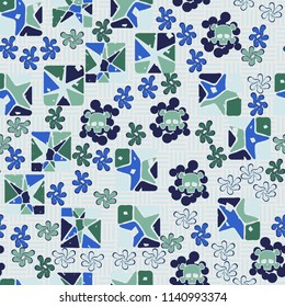 Seamless camouflage pattern made up of skulls, broken stars squares. The background of the picture is a texture consisting of squares drawn by mutually perpendicular lines.
