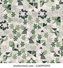 Seamless camouflage pattern made up of skulls, broken stars squares. The background of the picture is a texture consisting of squares represented by divergent lines.