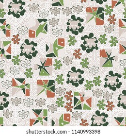 Seamless camouflage pattern made up of skulls, broken stars squares. The background of the picture is a texture consisting of squares represented by divergent lines.