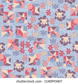 Seamless camouflage pattern made up of skulls, broken stars squares. The background of the picture is a texture consisting of squares represented by divergent lines.