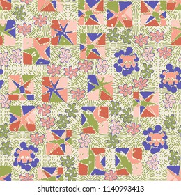 Seamless camouflage pattern made up of skulls, broken stars squares. The background of the picture is a texture consisting of squares represented by divergent lines.