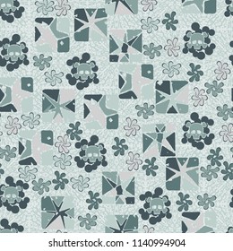 Seamless camouflage pattern made up of skulls, broken stars squares. The background of the picture is a texture consisting of squares drawn by spray.