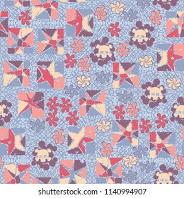 Seamless camouflage pattern made up of skulls, broken stars squares. The background of the picture is a texture consisting of squares drawn by spray.