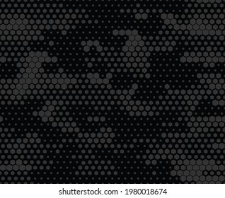 Seamless camouflage pattern modern. Abstract camo from hexagonal elements on a dark background. Military texture. Print on fabric and clothing. Vector illustration