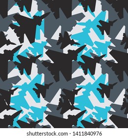 Seamless camouflage pattern modern black and blue spots on white background.Texture aircraft.Print on clothes on paper on fabric on textiles.Modern design.Vector