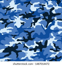 Seamless camouflage pattern modern.Blue.Dark and light spots on blue background.Military texture.Jungle.Design of fabric,clothing.Print on paper,textiles.