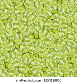 Seamless camouflage pattern. The motley-green leaves of maple lying on the background of the lattice with oblique crosshairs.
