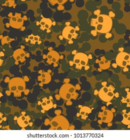 Seamless camouflage pattern from multi-colored spots and skulls with bones. Texture "Jolly Roger".