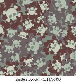 Seamless camouflage pattern from multi-colored spots and skulls with bones. Texture "Jolly Roger".