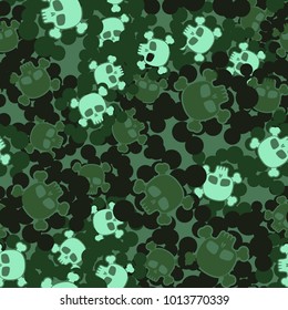 Seamless camouflage pattern from multi-colored spots and skulls with bones. Texture "Jolly Roger".