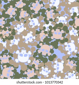 Seamless camouflage pattern from multi-colored spots and skulls with bones. Texture "Jolly Roger".