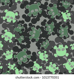 Seamless camouflage pattern from multi-colored spots and skulls with bones. Texture "Jolly Roger".