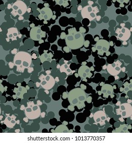 Seamless camouflage pattern from multi-colored spots and skulls with bones. Texture "Jolly Roger".