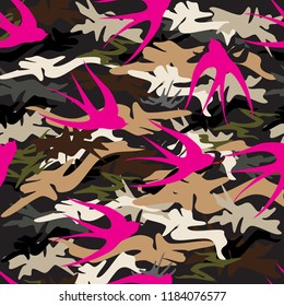 seamless camouflage pattern with pink leafs. For the background and fashion knit fabric
