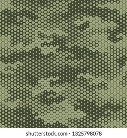Seamless camouflage pattern. Repeating digital dotted hexagonal camo military texture background. Abstract modern fabric textile ornament. Vector illustration.