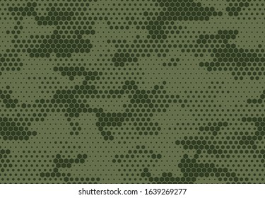 Seamless camouflage pattern. Repeating digital dotted hexagonal camo military texture background. Abstract modern fabric textile ornament. Vector illustration.