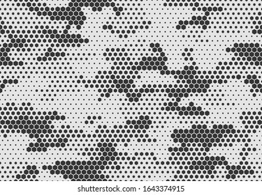 Seamless camouflage pattern. Repeating digital dotted hexagonal camo military texture background. Abstract modern fabric textile ornament. Vector illustration.