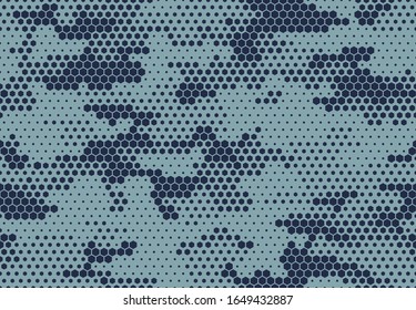 Seamless camouflage pattern. Repeating digital dotted hexagonal camo military texture background. Abstract modern fabric textile ornament. Vector illustration.