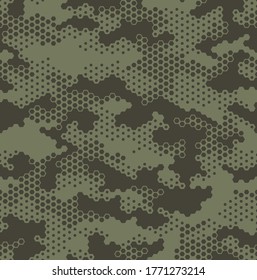 Seamless camouflage pattern. Repeating digital dotted hexagonal camo military texture background. Abstract modern fabric textile ornament. Vector illustration.